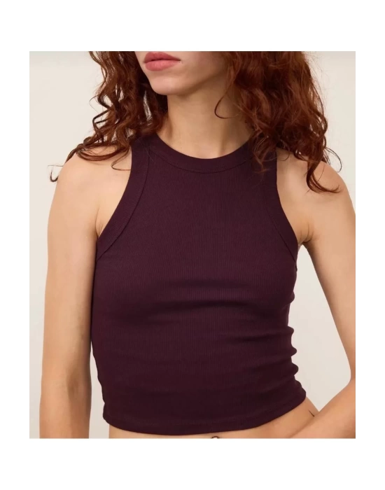 Kadın Fitted Halter Yaka Fitilli Kaşkorse Basic Düz Atlet Crop