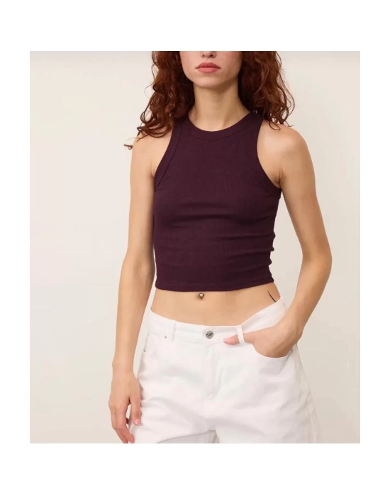 Kadın Fitted Halter Yaka Fitilli Kaşkorse Basic Düz Atlet Crop