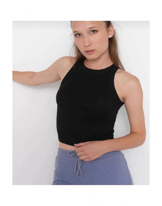 Kadın Fitted Halter Yaka Fitilli Kaşkorse Basic Düz Atlet Crop
