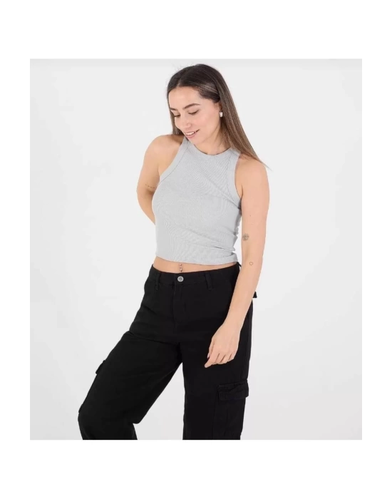 Kadın Fitted Halter Yaka Fitilli Kaşkorse Basic Düz Atlet Crop
