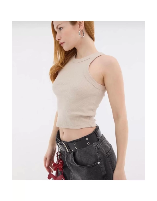 Kadın Fitted Halter Yaka Fitilli Kaşkorse Basic Düz Atlet Crop