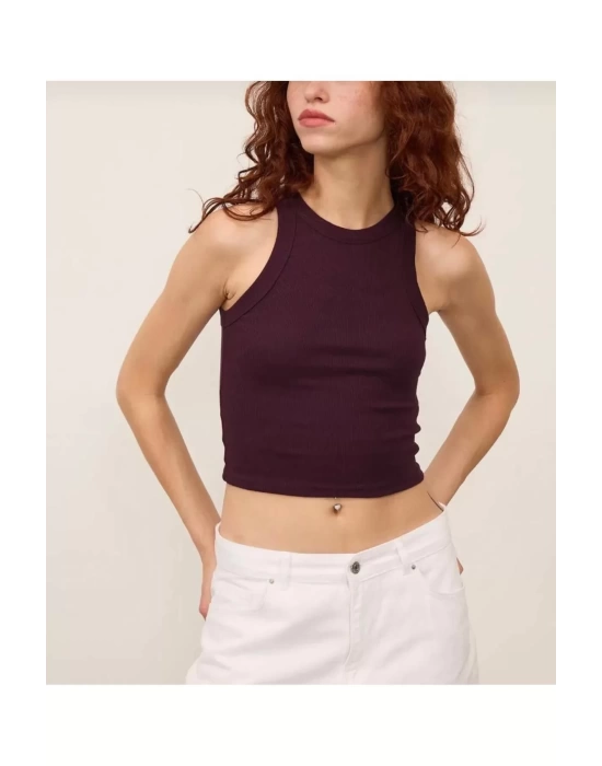 Kadın Fitted Halter Yaka Fitilli Kaşkorse Basic Düz Atlet Crop