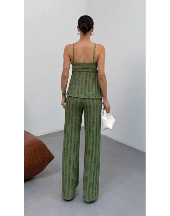 Kadın Haki Dokulu Askılı Üst Ve Bol Paça Pantolon 2’li Takım