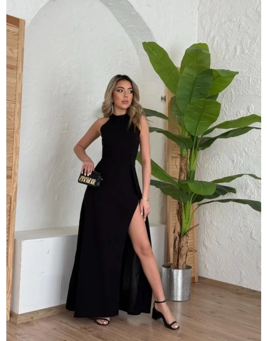 Kadın Halter Yaka Derin Yırtmaç Detaylı Tam Boy Ithal Krep Abiye Elbise