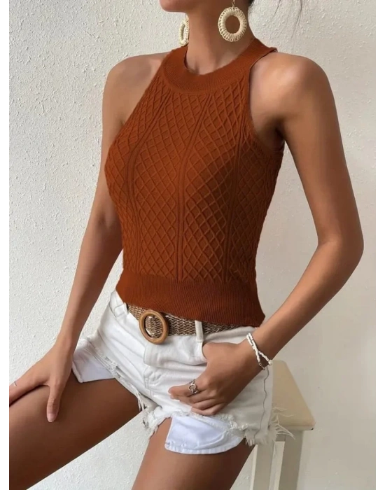 Kadın Halter Yaka Mini Baklava Desenli Triko Bluz
