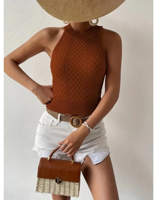 Kadın Halter Yaka Mini Baklava Desenli Triko Bluz