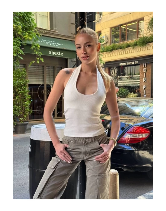bysoca Kadın Ekru Halter Yaka Sırtı Açık Fitilli Ribana Pamuklu Atlet Bluz