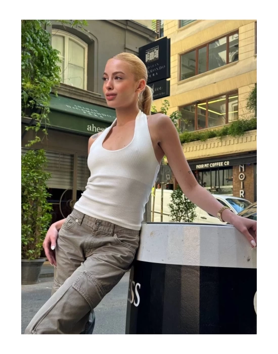 bysoca Kadın Ekru Halter Yaka Sırtı Açık Fitilli Ribana Pamuklu Atlet Bluz