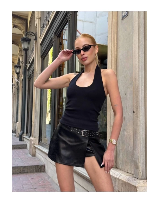 bysoca Kadın Siyah Halter Yaka Sırtı Açık Fitilli Ribana Pamuklu Atlet Bluz