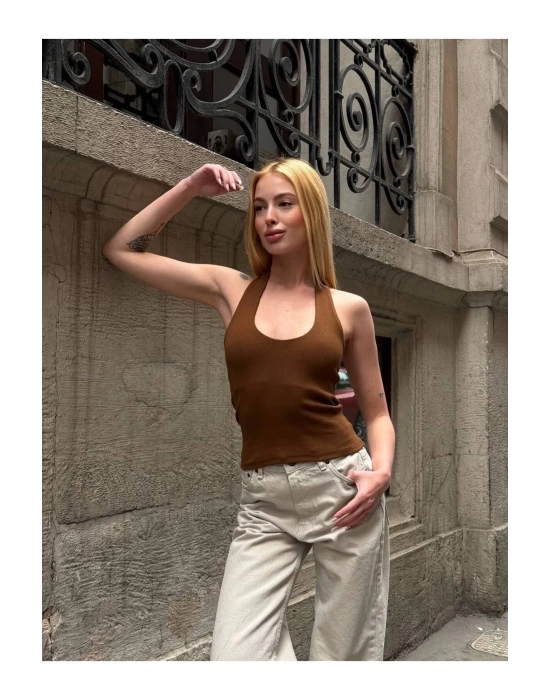 bysoca Kadın Kahverengi Halter Yaka Sırtı Açık Fitilli Ribana Pamuklu Atlet Bluz