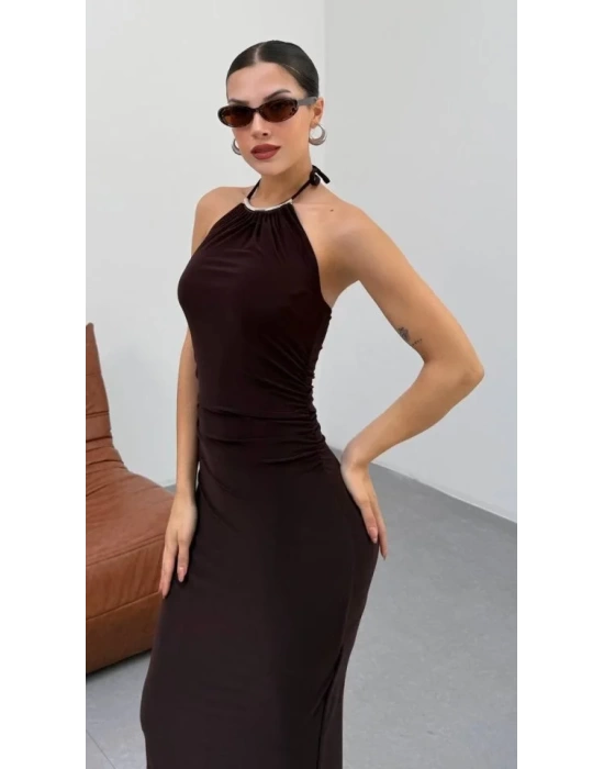 Kadın Halter Yaka Sırt Dekolteli Sandy Kumaş Maxi Boy Elbise