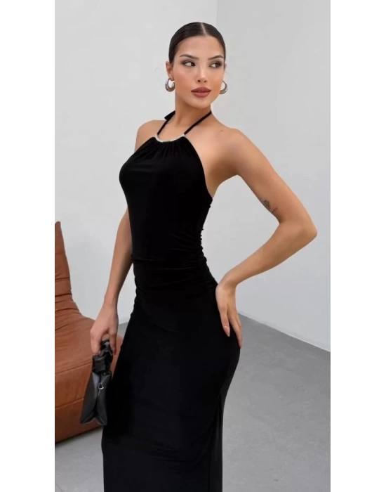 Kadın Halter Yaka Sırt Dekolteli Sandy Kumaş Maxi Boy Elbise