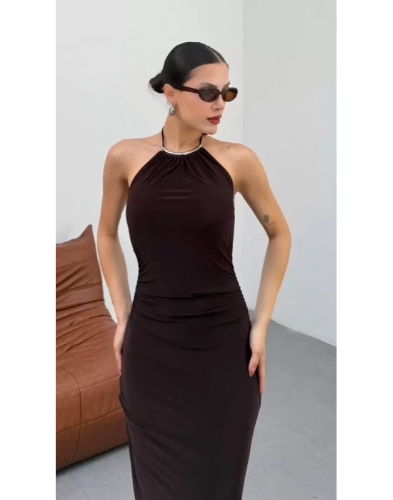 Kadın Halter Yaka Sırt Dekolteli Sandy Kumaş Maxi Boy Elbise