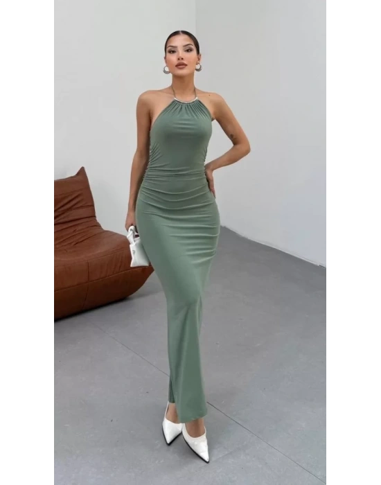 Kadın Halter Yaka Sırt Dekolteli Sandy Kumaş Maxi Boy Elbise