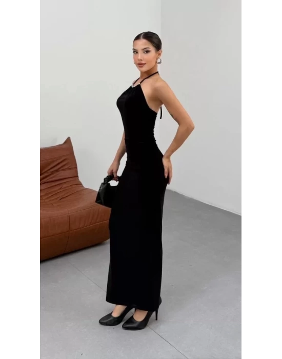 Kadın Halter Yaka Sırt Dekolteli Sandy Kumaş Maxi Boy Elbise