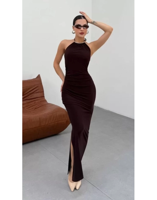 Kadın Halter Yaka Sırt Dekolteli Sandy Kumaş Maxi Boy Elbise