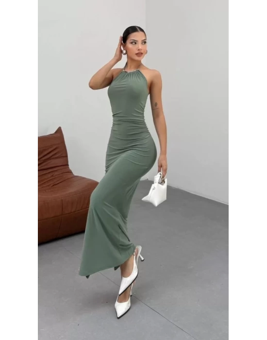 Kadın Halter Yaka Sırt Dekolteli Sandy Kumaş Maxi Boy Elbise