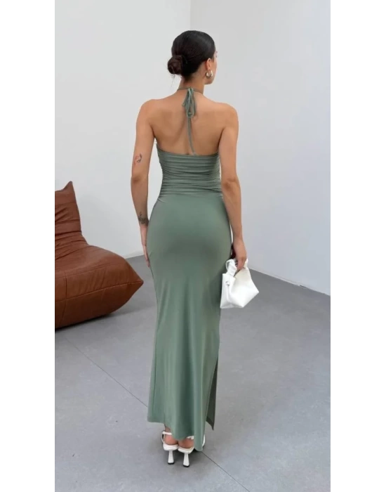 Kadın Halter Yaka Sırt Dekolteli Sandy Kumaş Maxi Boy Elbise