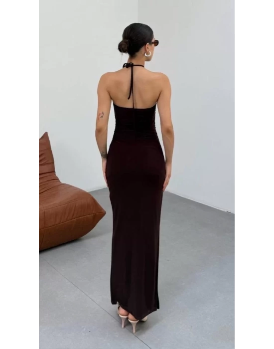 Kadın Halter Yaka Sırt Dekolteli Sandy Kumaş Maxi Boy Elbise