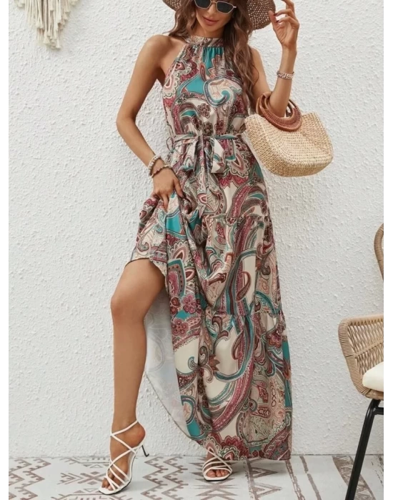 bysoca Kadın Halter Yaka Beli Kuşaklı Sırtı Açık Şal Desenli Bohem Maksi Boy Yazlık Elbise