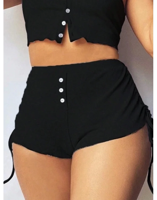 Kadın Ip Askılı Crop Bluz Ve Yanlardan Büzgülü Ikili Kaşkorse Short Takım