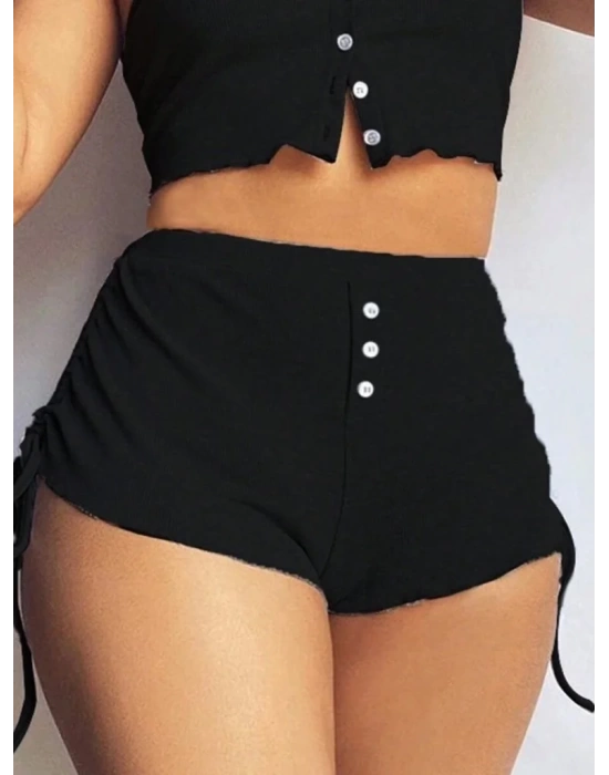 Kadın Ip Askılı Crop Bluz Ve Yanlardan Büzgülü Ikili Kaşkorse Short Takım