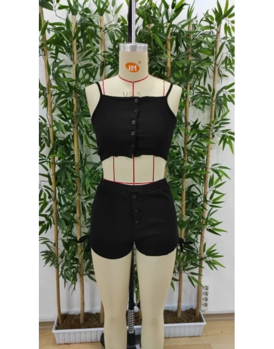 Kadın Ip Askılı Crop Bluz Ve Yanlardan Büzgülü Ikili Kaşkorse Short Takım