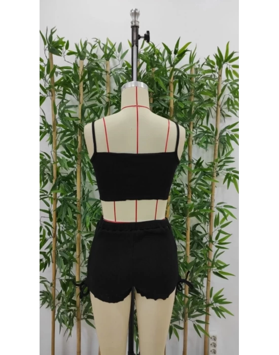 Kadın Ip Askılı Crop Bluz Ve Yanlardan Büzgülü Ikili Kaşkorse Short Takım