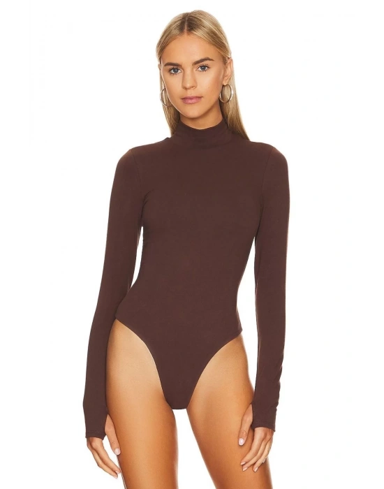 bysoca Kadın Kahverengi Balıkçı Yaka Uzun Kollu Parmak Geçmeli Çift Kat Sandy Kumaş Tanga Bodysuit