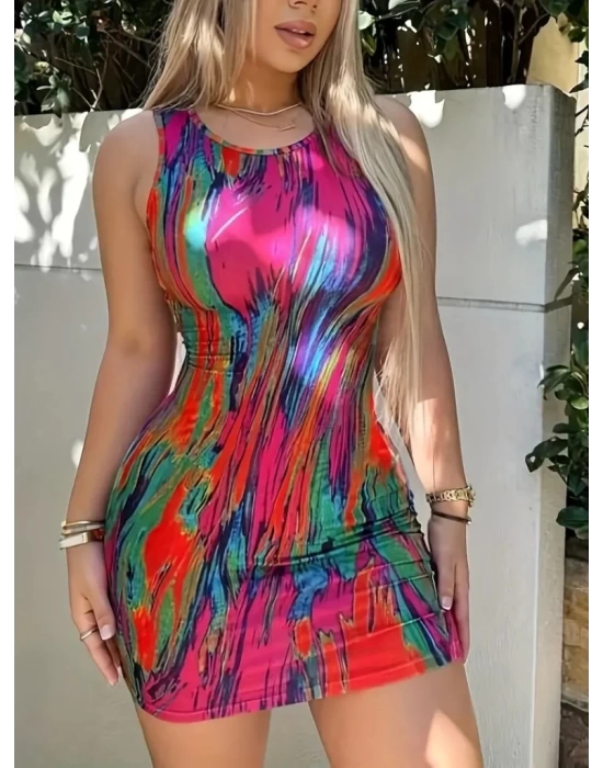 Kadın Kalın Askılı çok Renkli Dalgıç Mini Elbise