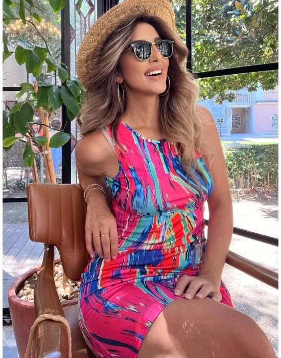 Kadın Kalın Askılı çok Renkli Dalgıç Mini Elbise