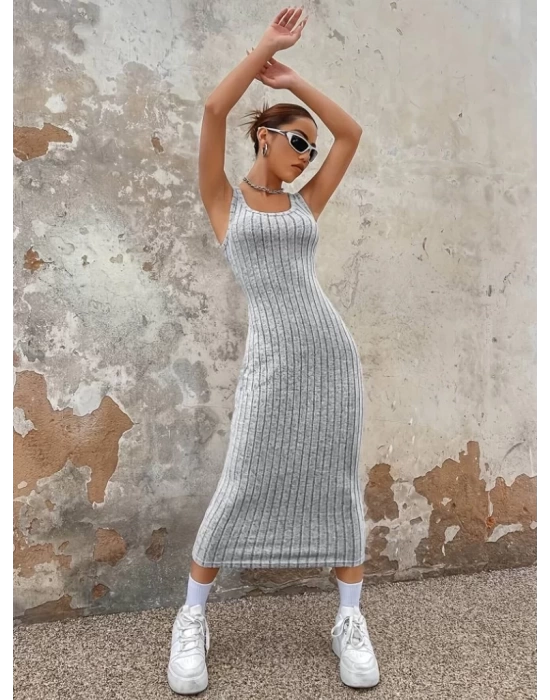 Kadın Kalın Askılı Kare Yaka Fitilli Kaşkorse Midi Boy Elbise