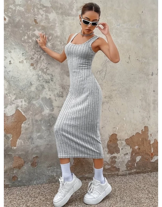 Kadın Kalın Askılı Kare Yaka Fitilli Kaşkorse Midi Boy Elbise