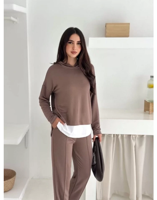 Kadın Kapşunlu Ve Atlet Detaylı Tunik Yüksek Bel Pantolunlu ıkılı Takım