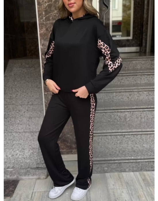Kadın Kapüşonlu Leopar Detay Sweat Ve Yüksek Bel Yanları Leopar şeritli Bol Paça Pantolon Ikili Takım