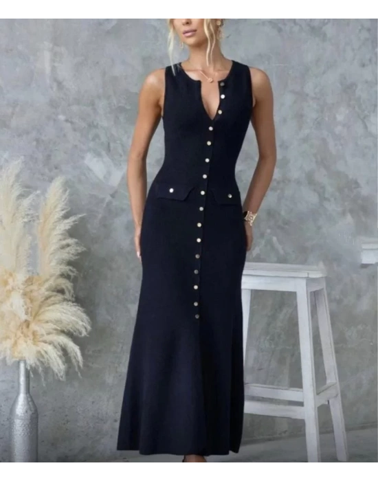 Kadın Kaşkorse Kumaş Düğme Detaylı Kolsuz Maxi Boy Elbise