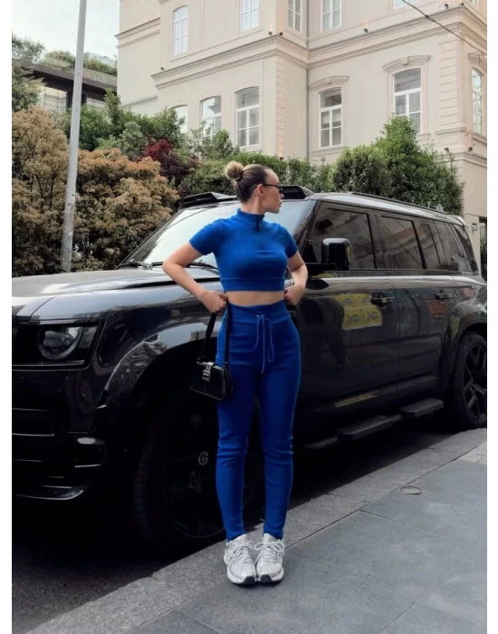 Kadın Kaşkorse Kumaş Yakası Fermuar Detaylı Tayt Takım