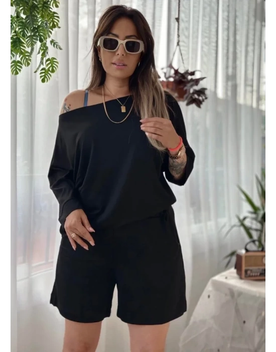 Kadın Kayık Yaka Oversize Asimetrik Bluz Ve şort Iki Iplik Takım