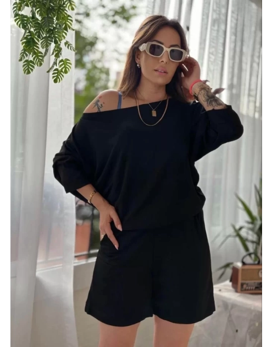 Kadın Kayık Yaka Oversize Asimetrik Bluz Ve şort Iki Iplik Takım