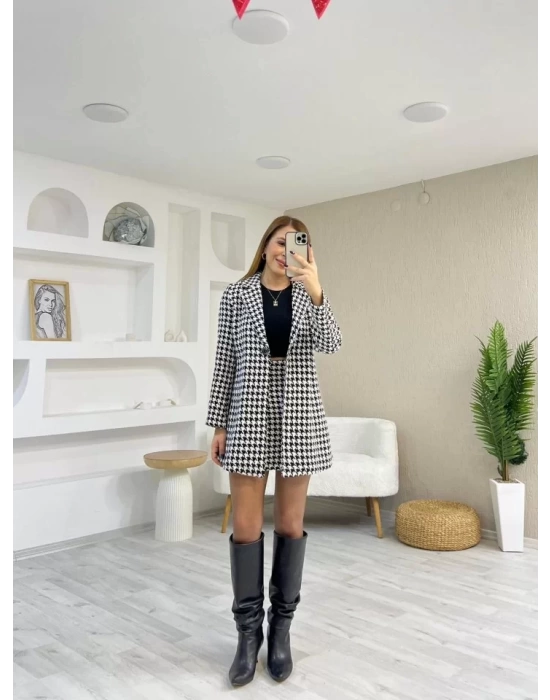 Kadın Kazayağı Desen Vatka Detay Kaban Ve Yüksek Bel Etek Ikili Takım