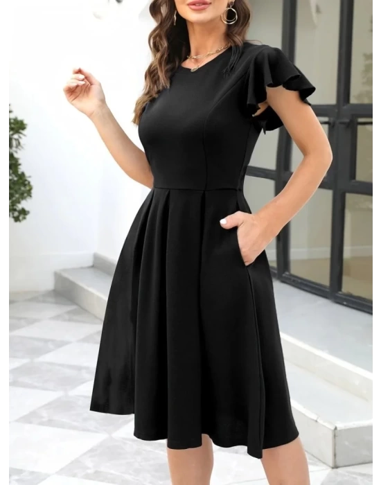 bysoca Kadın Günlük Saks Gül Desenli Midi Elbise 2477 - Saks