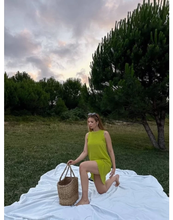 Kadın Keten Kumaş Kolsuz Mini Boy Elbise