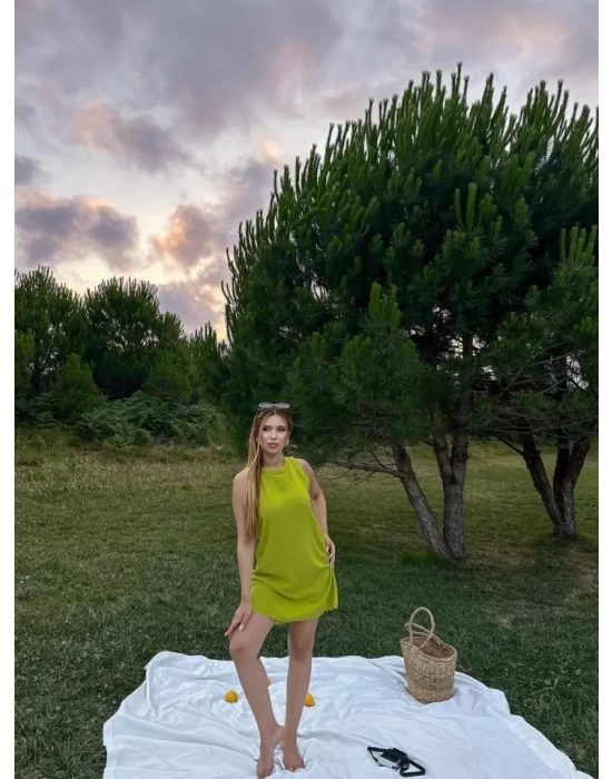 Kadın Keten Kumaş Kolsuz Mini Boy Elbise
