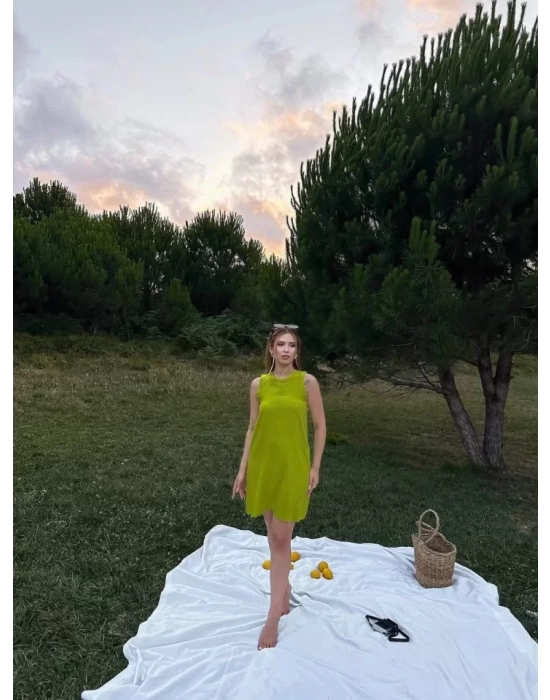 Kadın Keten Kumaş Kolsuz Mini Boy Elbise