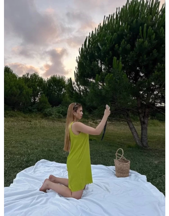 Kadın Keten Kumaş Kolsuz Mini Boy Elbise