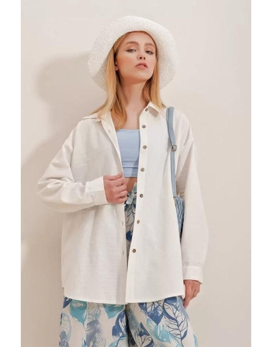 Kadın Keten Kumaş Oversize Gömlek