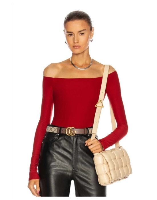 Kadın Kırmızı Madonna Yaka Uzun Kollu Bodysuit