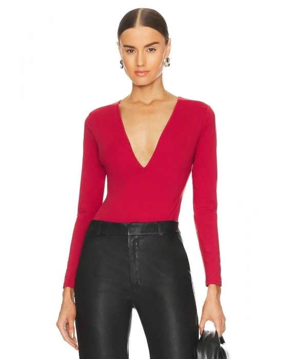 Kadın Kırmızı V Yaka Çift Kat Ipek Jarse Bodysuit