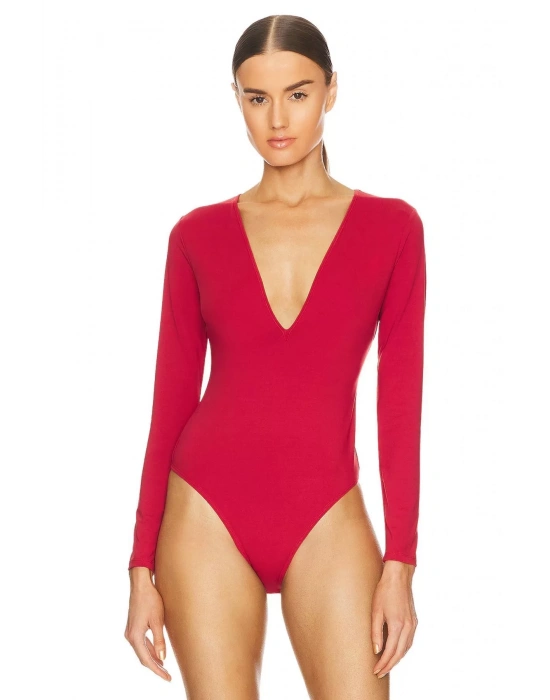 Kadın Kırmızı V Yaka Çift Kat Ipek Jarse Bodysuit