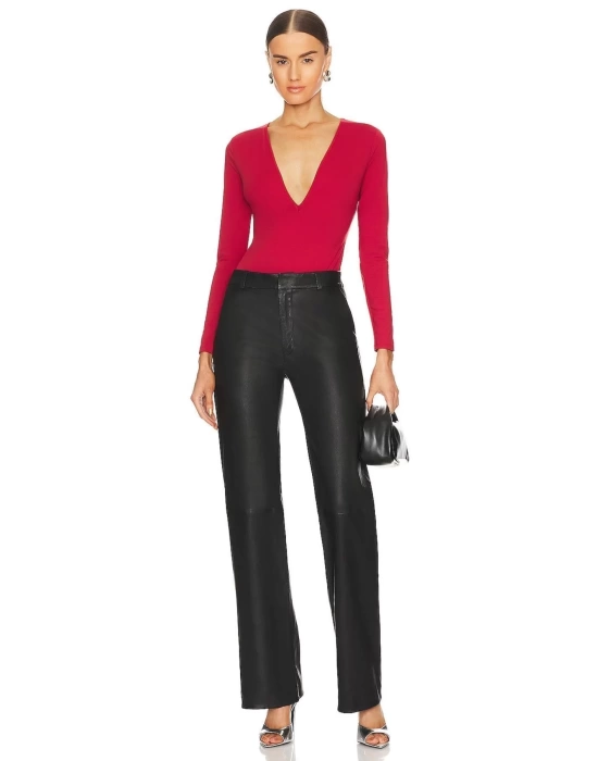 Kadın Kırmızı V Yaka Çift Kat Ipek Jarse Bodysuit